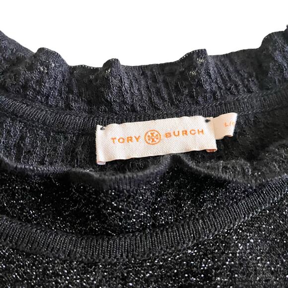 Tory Burch Black Isabelle Wool Metallic Knit Ruffle Neck Sweater Dress Large - Picture 7 of 12